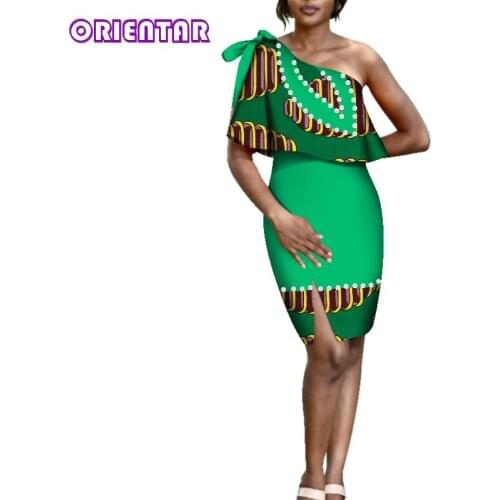 Sexy One-Shoulder Tie Shoulder Dresses African Wax Print Dress Women Bazin Riche Clothes Traditional Design Clothing WY3403