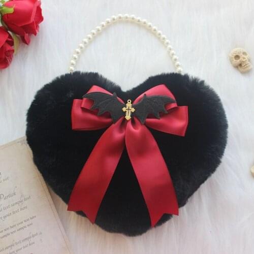Cute Lolita Girl Heart Shape Faux Fur Hangbag Shoulder Bag Pearl Chains Small Purse Bag Multi Colors Bows Trim