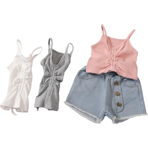 Citgeett Summer Kids Baby Girls Tracksuit Ribbed Strap Vest Solid Tops + Denim Shorts Clothes Set