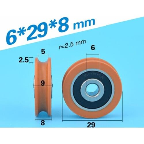 [U0629-8]Free shipping 10pcs low noise printer ball bearing wheel roller 29mm flute type groove nylon bearing wheel 6*29*8