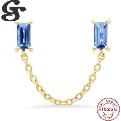 GS Golden Chain Drop Earrings Dangle 925 Sterling Silver Piercing Unusual Stud Ear Rings with Blue Green Red Gem Zircon Stone