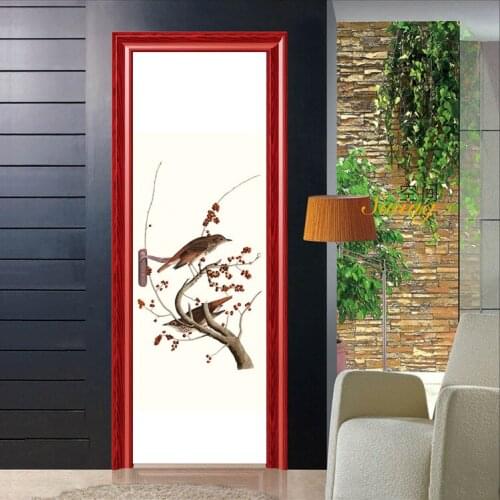 Vivid Bird Branch Door Stickers Mural PVC Self-adhesive Waterproof Modern Bedroom WallPaper Living Room home Decoration
