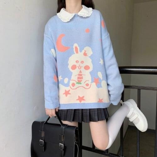 Autumn Winter Japanese Cute Soft Girl Rabbit Lolita Knitting Pullover Top Baby Doll Sweet Kawaii Core Spun Yarn Sweater Clothing