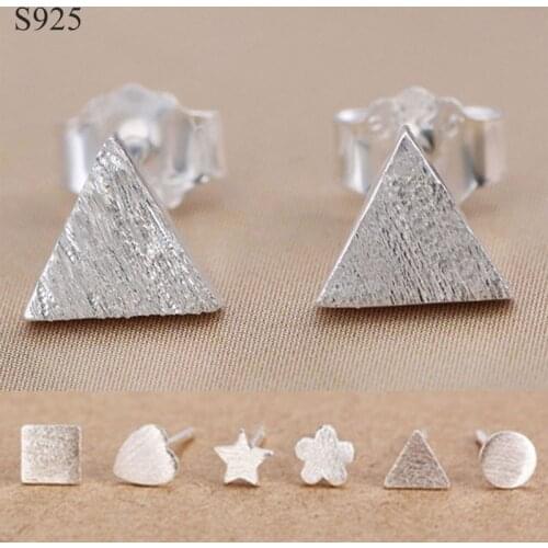 Genuine Real Pure 925 Sterling Solid Silver Stud Earrings for Women Jewelry Triangle Square Round Female Earrings Friend Gift