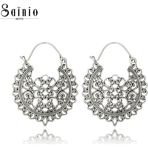 Sainio Hot Ethnic Vintage Jewelry Antique Carving Hollow Dangle Drop Earring For Women Pendientes Mujer Brincos