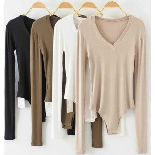 Women Bodysuits shirt V-neck Long sleeve bodysuits Cotton Ribs Bodycon Ladies Elegant jumpsuits 2020 Spring Rompers womens
