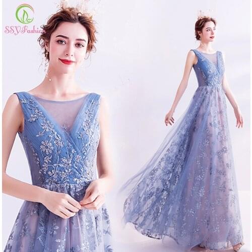 SSYFashion New Banquet Elegant Blue Evening Dress Sequins Appliques Floor-length Long Prom Party Formal Gown Vestidos De Noche