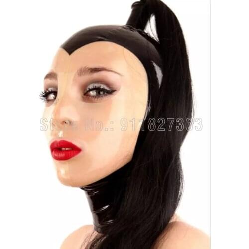 100% Latex Hood Women Sexy Black w Natural Latex Rubber Mask Hood with Black Hair Pigtail for Party Latex Hood Mask Customized