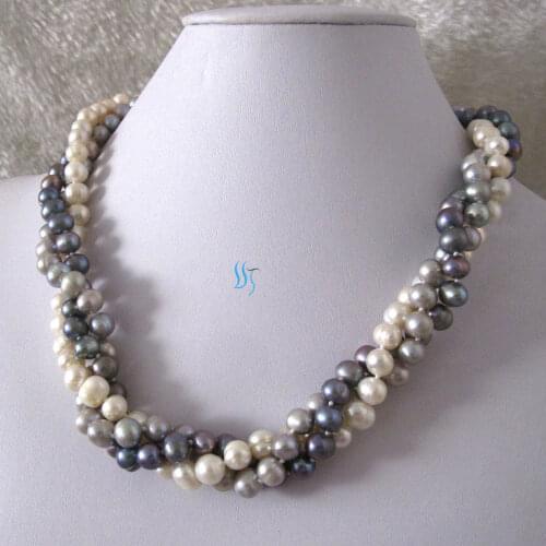 20" 6-8mm White Silver Gray Dark Gray 3Row Freshwater Pearl Necklace