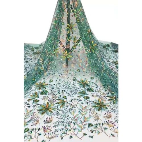 3d Lace Fabric African Nigerian Mesh Lace for Wedding Dress Party High Quality 5 yards French Sequins Green and Purple CJB002
