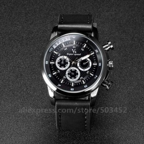 50pcs/lot High End V6 Watches Men Three Eye Sport PU Belt Watches Factory Price Watch For Wen Cool Fashion Wristwatch