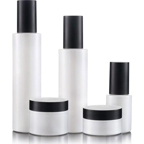 300pcs/lot 30/50g White Glass Cream Jar Pot 120/100/30ml Lotion Pump Bottle Perfume Bottle with black lid Cosmetic Container