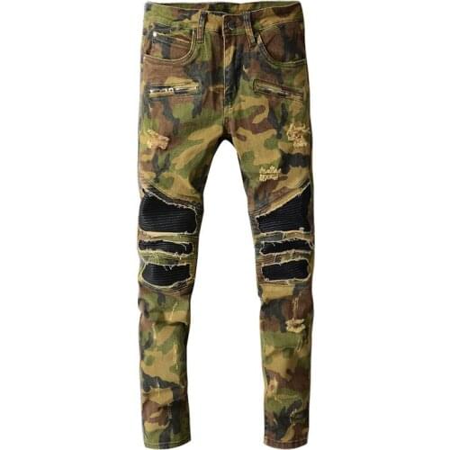 European American Street Fashion Men Jeans Slim Fit Camouflage Ripped Biker Jeans Men Patches Designer Hip Hop Denim Punk Pants
