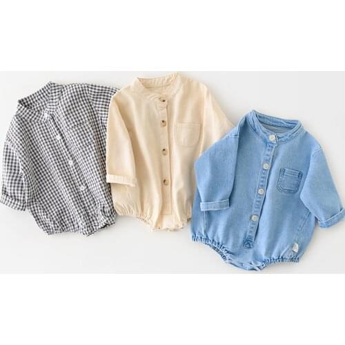 Unisex Boys And Girls Striped Denim Lapel Long Sleeve Hatsuit Newborn Triangle Climbing Suit Baby Clothes Baby Girl Romper