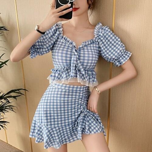 Bikini Sets Women Summer Plaid Lace Pleated Ruched Korean Style Swimwear Sweet Soft Puff Sleeve Teens Safety Female Swimsuits