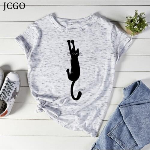 JCGO Summer Cotton Women T Shirt S-5XL Plus Size Funny Cat Print Short Sleeve Large Basic Tees Tops Casual O-Neck Female TShirt
