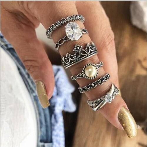 Fashion Bohemian Crown Flower Carved Knuckle Rings Set for Women White Crystal Midi Finger Ring Statement Jewelry 6pcs/1set