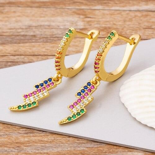 Fashion Copper Cubic Zircon Charm Lightning Bolt Hoop Earrings Colorful Color Drop Earrings For Women Fine Party Travel Jewelry