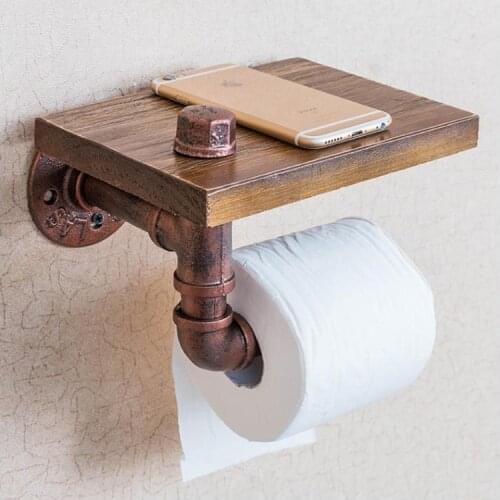 Urban Industrial Wall Mount Wood Storage Shelf Cast Iron Pipe Toilet Paper Holder Roller Restaurant Restroom Bathroom Decoration