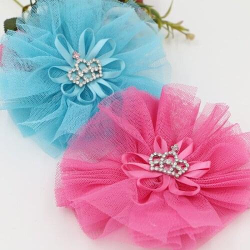 Newest 12MM Lace Chiffon Flowers with Rhinestone Alloy Princess Crown Button Decorated Fit for Girls Headband Hair Clip
