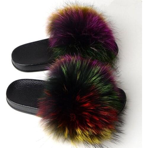 New Fashion Woman Real Fox fur slide woman summer indoor fur slipper woman non-slip warm fuzzy slipper fall transport slide
