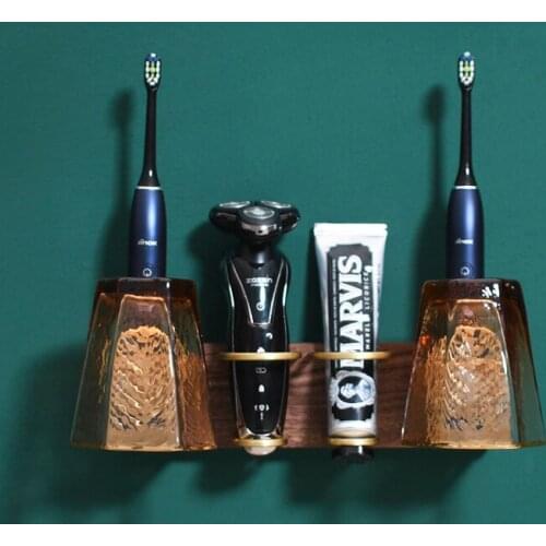 Electric Toothbrush Rack Punch-Free Toothbrush and Cup Rack Bathroom Bathroom Wall Hanging 2 People Toothbrush Cup Holder Wood