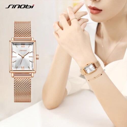 Sinobi Brand Women Watches Fashion Square Ladies Quartz Watch Bracelet Small Dial Simple Rose Gold Mesh Luxury Women Watches