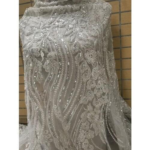 Heavy beaded embroidered net lace fabric african tulle lace SYJ-32687 with beads for wedding dress