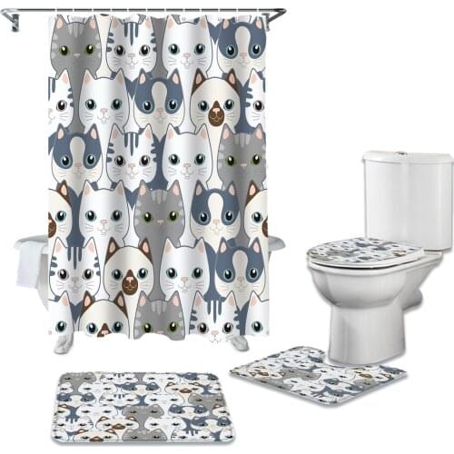 Cat Kitten Lovely White Gray Cartoon Shower Curtain Sets Rugs Toilet Lid Cover and Bath Mat Waterproof Bathroom Curtains
