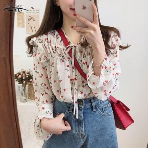 2021 Autumn Korean Style Shirt Women Bow Floral Loose Casual Chiffon Blouse Print Puff Sleeve Office Ladies Tops Clothing 10134