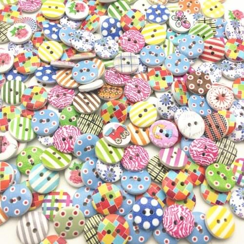 100pcs 15mm Stripes Florals Dots Mixed Wood Buttons Painted 2 Holes Round Sewing Button Embellishments