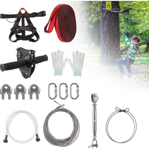 115FT Ziplines Kit Half Body Safety Belt With Spring Brake Adjustable Harness Half Open And Close Pulley Steel Cable For Garden