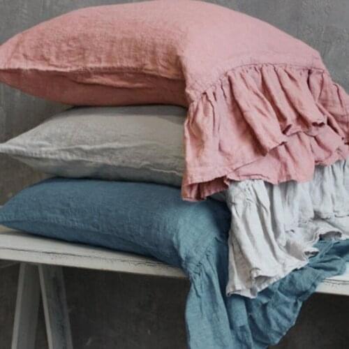 2PCS 100% Nature Pure Linens Pillowcase with Mermaid Long Ruffles Flax Linnen Pillow Cover Nordic Pillow Case