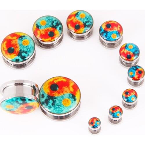 2Pcs S Stainless Steel Ear expanders Screw Fit Ear Plugs and Tunnels Tai Chi gossip Ear Piercings Flesh Tunnels Ear Stretcher