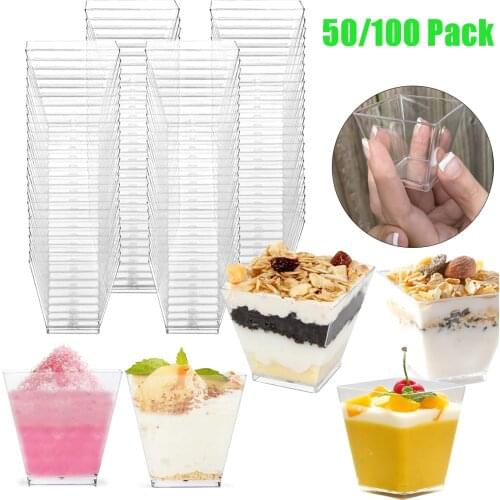 100Pcs/Set Elegant Square Mini Dessert Cups Cube 2oz Clear Tasting Sample Shot Glasses Disposable Plastic