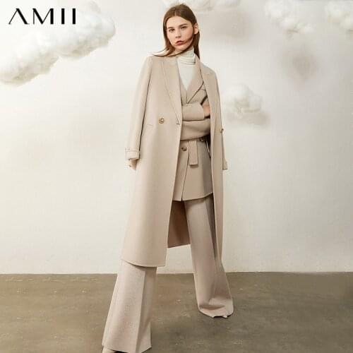 Amii Minimalism Winter Coat Women Fashion Solid 100%wool Belt Calf-length Double-sided Woolen Coat Womens Jacket 12040654