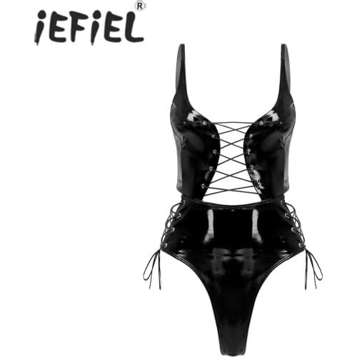Women Adjustable Spaghetti Strap Patent Leather Lace Up Exotic Apparel Sexy Leotard Bodysuit For Lingerie Party Performance