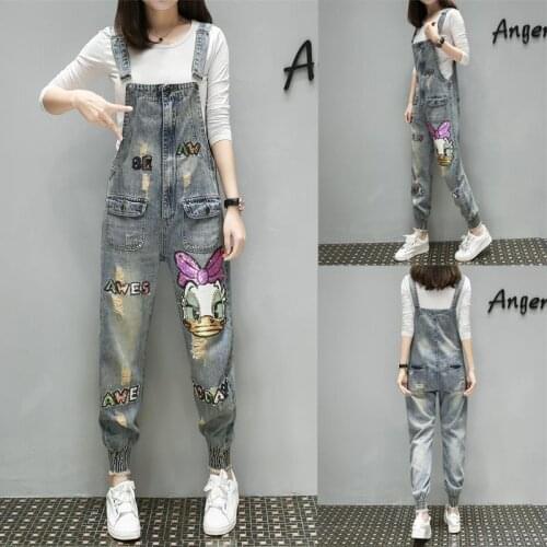 Beaded Hole Denim Overalls Women Loose 2021 Spring and Summer New Cartoon Sequined Casual Harem Pants
