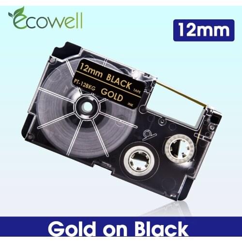 Ecowell 1Pcs XR-12BKG Compatible for Caiso XR12BKG XR 12BKG 12mm label tape Gold on Black for Casio KL-60SR KL-70e 60 printer