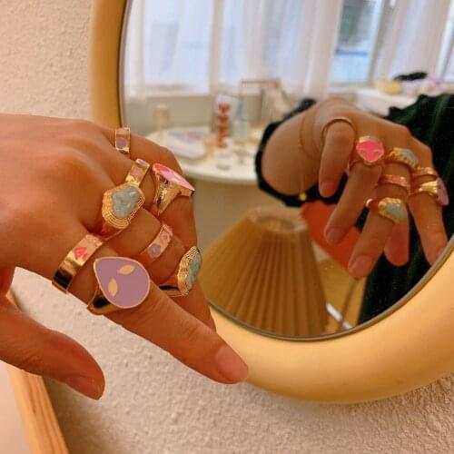 Creative Color Painting Oil Hip Hop Rings for Women Girls Simple Fashion Geometry Heart Smile Face Charm Ring Rings Jewelry Gift