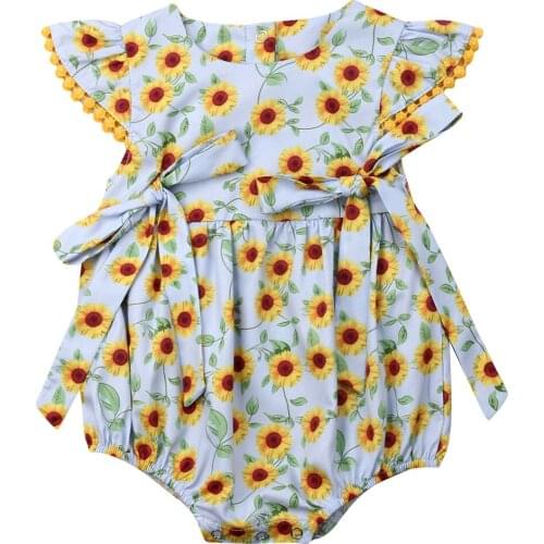 Newborn Baby Girl Sunflower Rompers Jumpsuit Ruffle Sleeve Pompom Decor Flower Print Bowknot Romper Summer Outfits Clothes