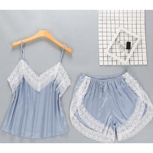 2 Pieces Pyjamas Set Women Lace Lingerie Set Solid Soft Sexy Nightwear Suit Fashion Pleated Sleepwear Set Strap Top+Loose Shorts