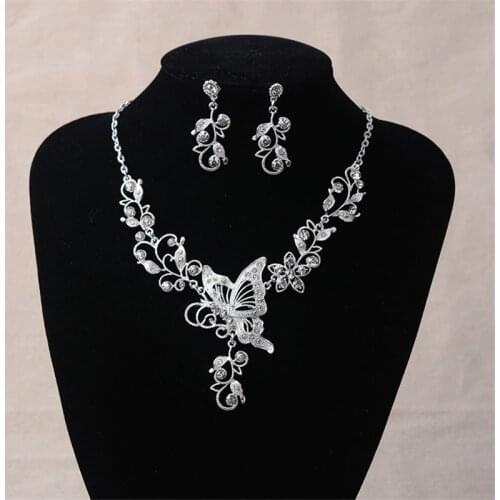 Wedding Jewelry Set Bride Rhinestone Jewelry Set Silver Plated Butterfly Choker Necklace Earrings Set Jewelry For Women Girls