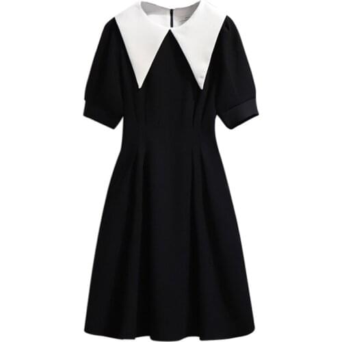 PERHAPS U Turn Down Collar Short Sleeve Mini Dress Solid Violet Black Summer Women Female Puff Sleeve D1932