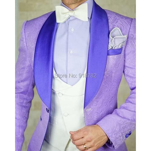 Men Suits For Wedding 2019 Custom Made Lavender Coat White Vest Pant Formal Elegant Tuxedo Slim Fit Men Suit Groomsman Suit