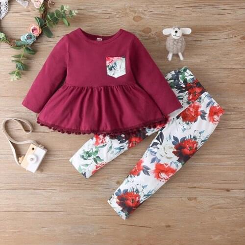Toddler Girl Clothes 2pcs Set Tassel Solid Long Sleeve Tops+flower Print Trousers Fashion Cute Fall Baby Girl Clothes Sets 1-6Y