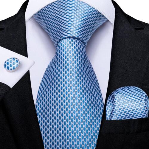 Gift Men Tie Light Blue Solid Silk Wedding Tie For Men DiBanGu Design Hanky Cufflink Quality Men Tie Set Dropshipping
