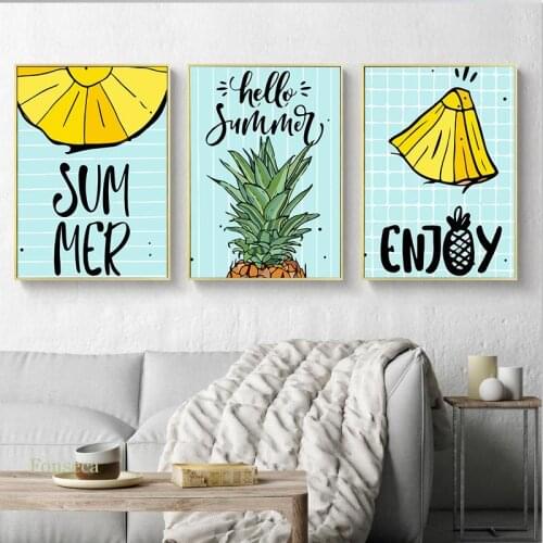 Casual Cute Holiday Style Canvas Oil Painting Pineapple Hello Summer Enjoy Quotes Poster For Living Room Wall Art Decor