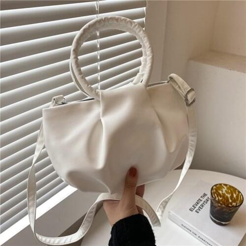 Daily PU Leather Women Shopping Handbags Small Pure Color Cloud Crossbody Bags Soft Ring Handle Pleated Shoulder Bags