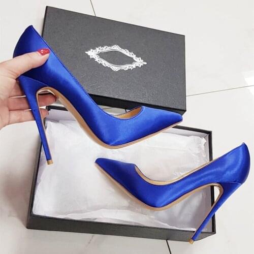 Sexy lady fashion Casual Designer womens shoes Blue satin pointy toe stiletto stripper High heels party pumps large size 44